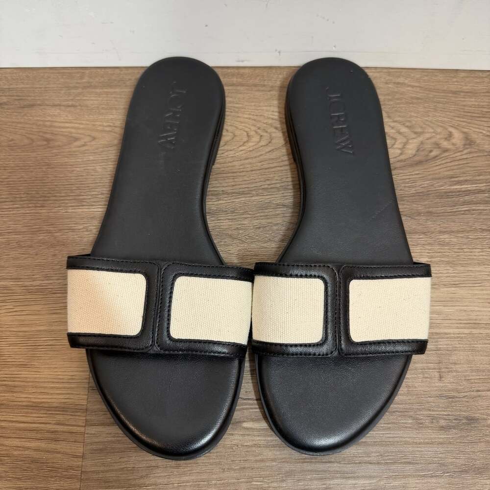 J.Crew Black Ivory Mixed Crisscross Slide Sandals Size 7.5 Leather Textile Upper